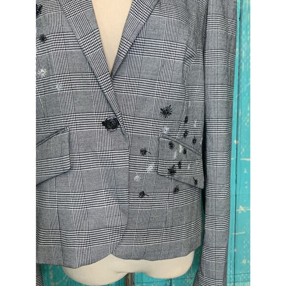 CeCe gray plaid embroidered floral one button blazer size 12 - Picture 9 of 13